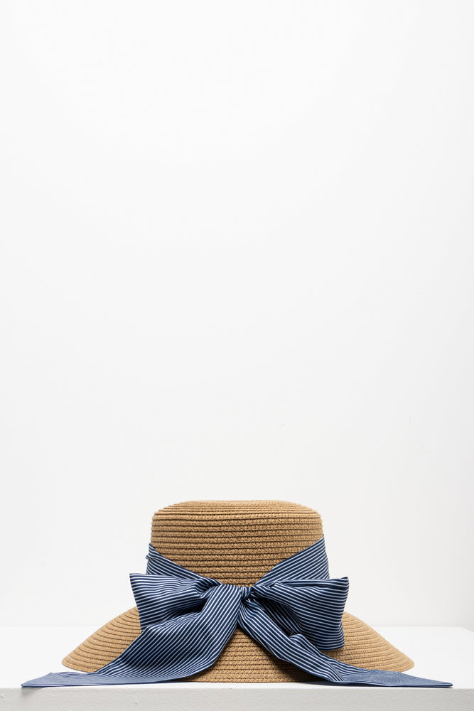 Straw Hat With Blue Ribbon Natural