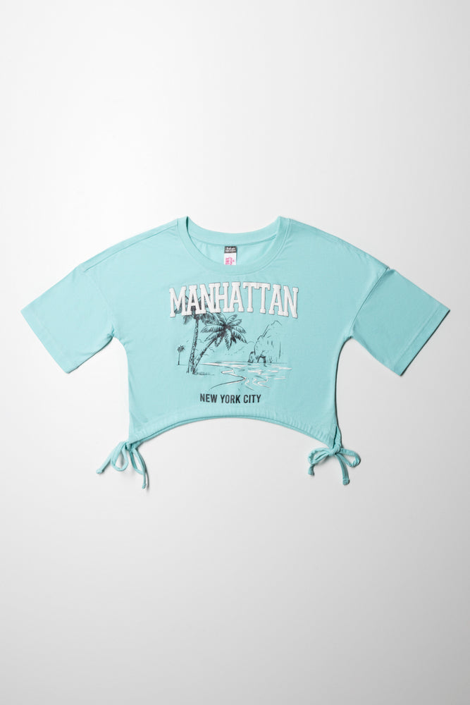 Manhatten Cropped Curved Hem T-Shirt Aqua