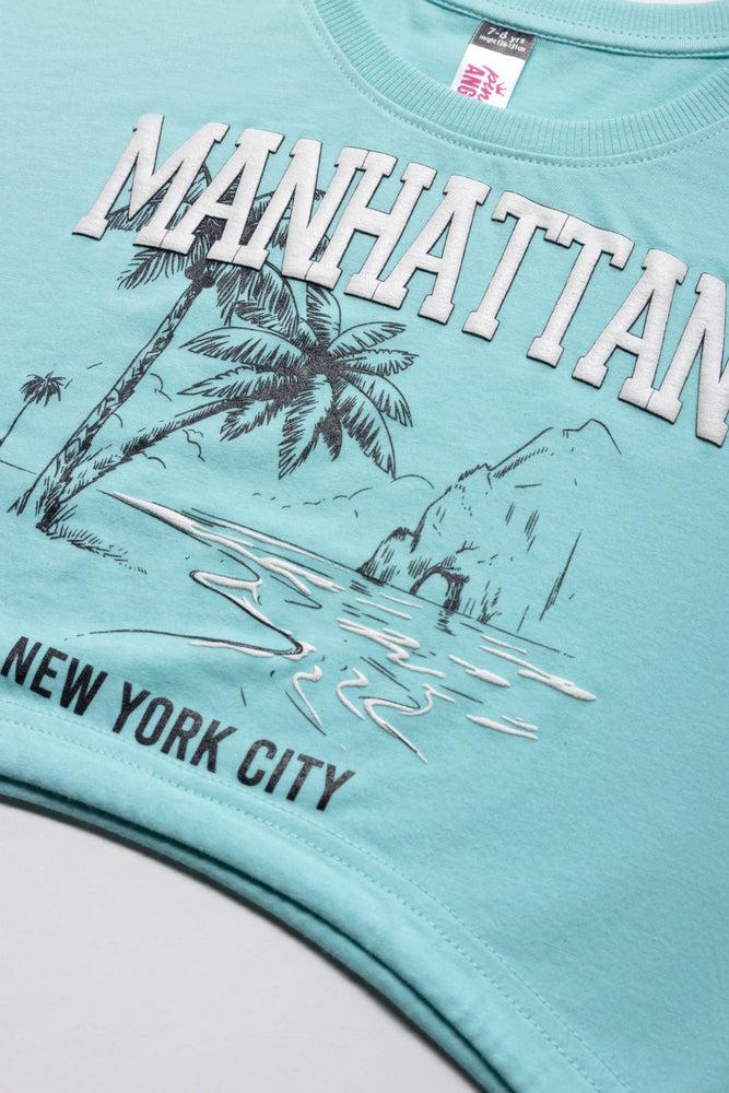 Manhatten Cropped Curved Hem T-Shirt Aqua