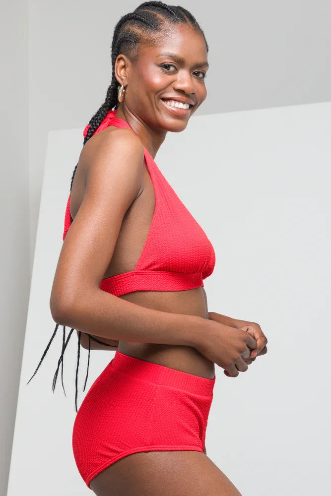 TEXTURED HALTER NECK BIKINI TOP RED (2)