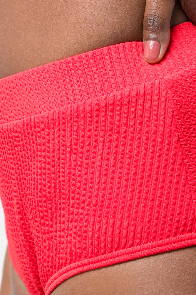 Textured High Waist Brief Bikini Bottom Red (1)