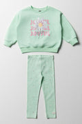 Floral Tracktop & Rib Leggings Set Light Green
