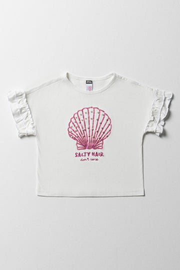Pearl Shell Frill Sleeve T-Shirt White