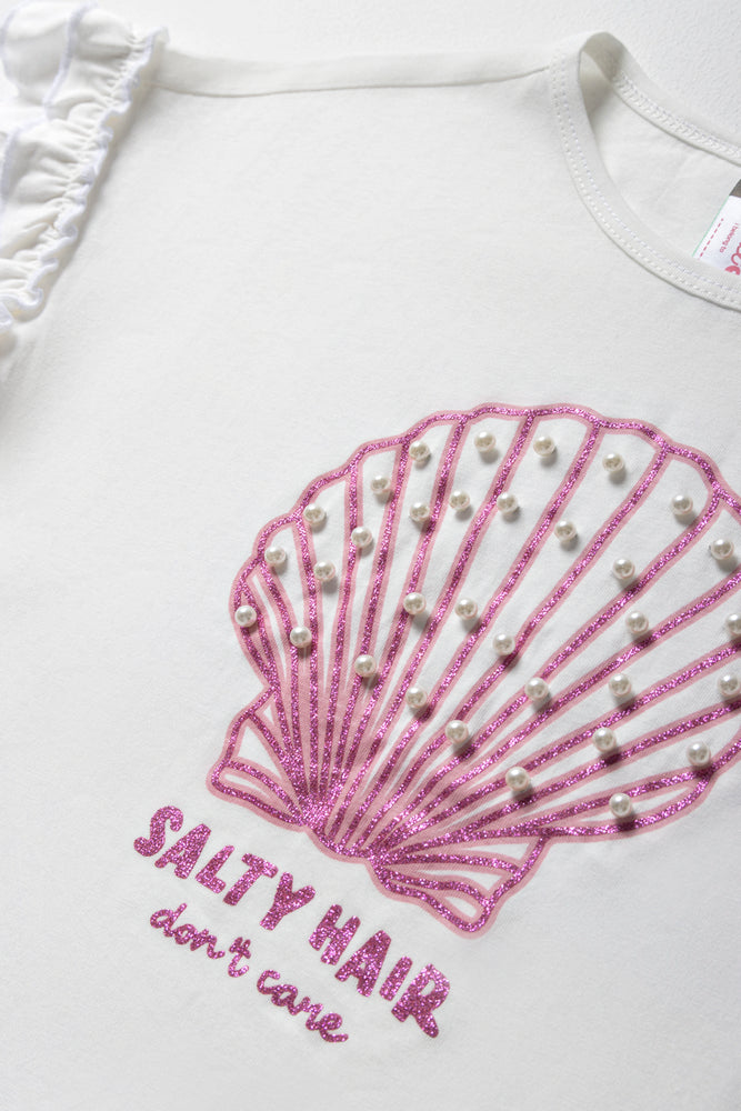 Pearl Shell Frill Sleeve T-Shirt White (1)