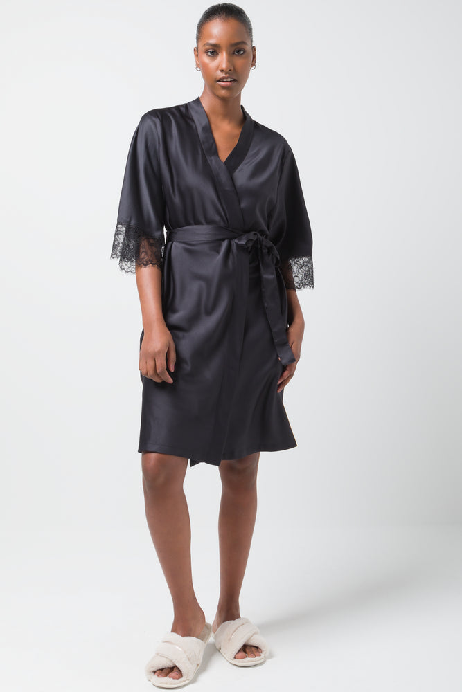 Satin Kimono Sleeve Gown Black