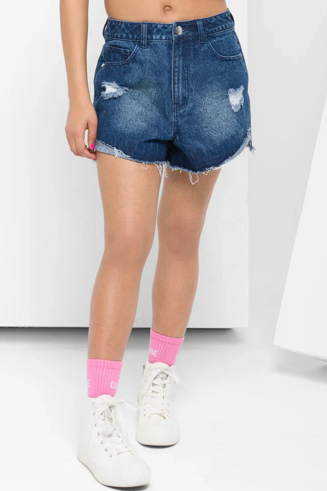 Ripped Denim Shorts Mid Blue (1)