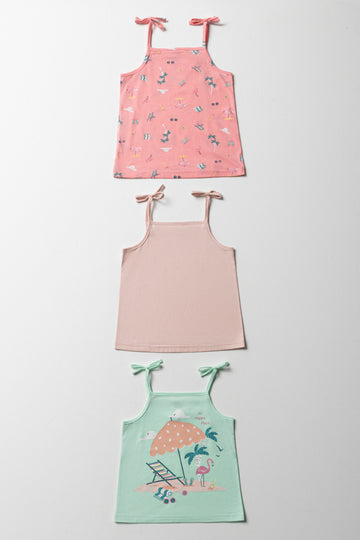 3 Pack Strappy Vests Pink & Aqua