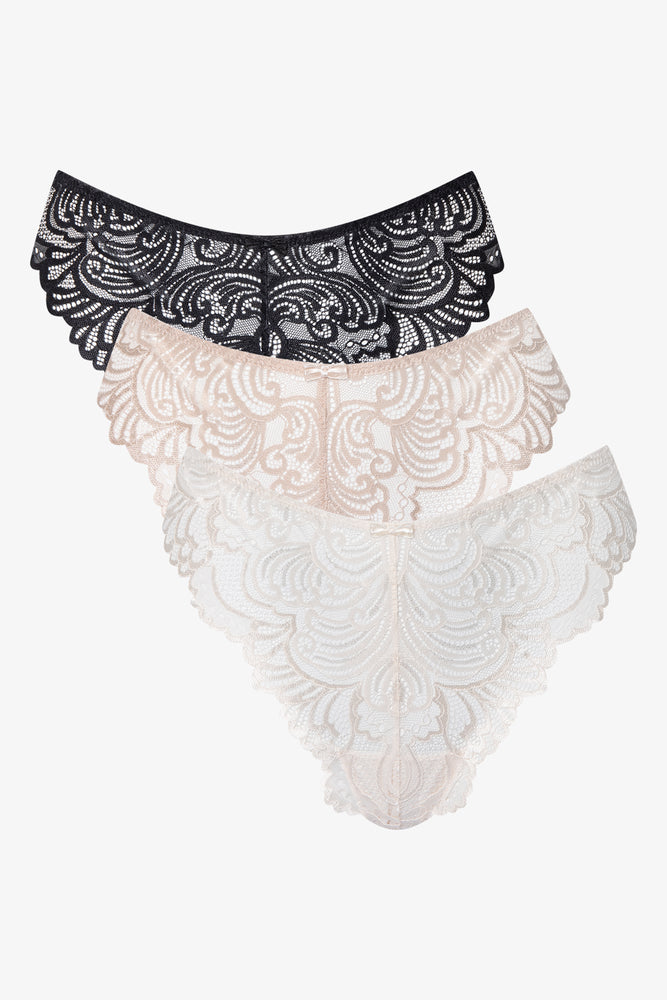 3 Pack Lace Thongs Black, Natural & White