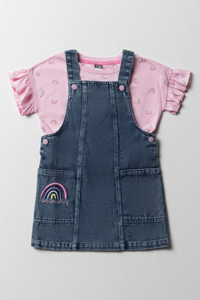 Denim Pinafore With Frill Short Sleeve T-Shirt Set Blue & Pink