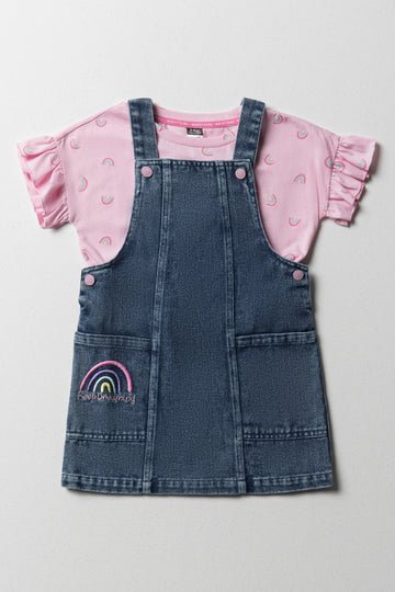Denim Pinafore With Frill Short Sleeve T-Shirt Set Blue & Pink