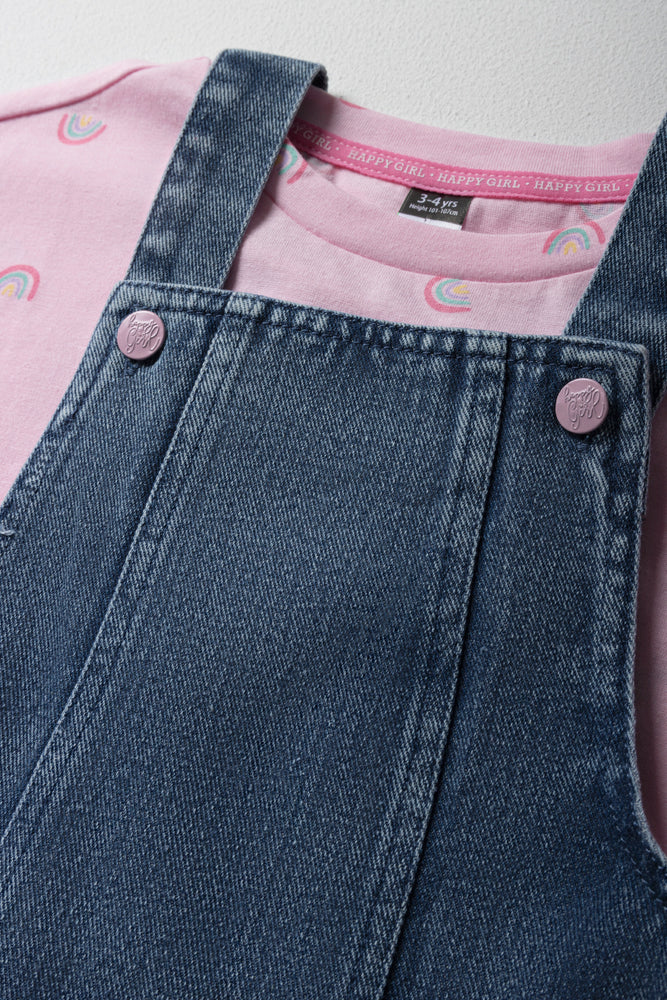 Denim Pinafore With Frill Short Sleeve T-Shirt Set Blue & Pink