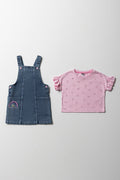 Denim Pinafore With Frill Short Sleeve T-Shirt Set Blue & Pink (3)