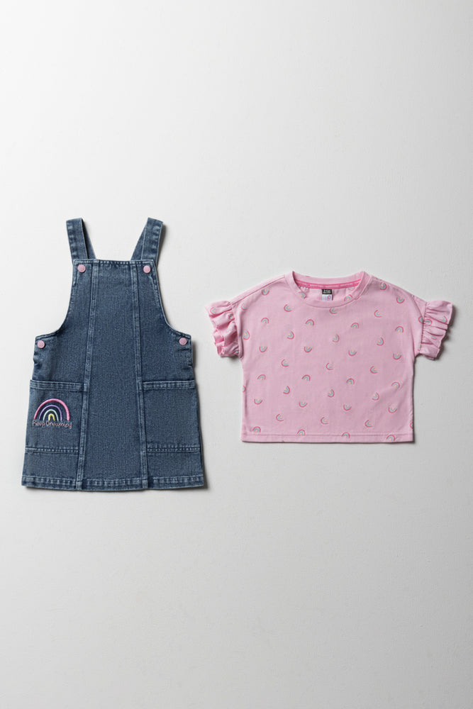 Denim Pinafore With Frill Short Sleeve T-Shirt Set Blue & Pink (3)