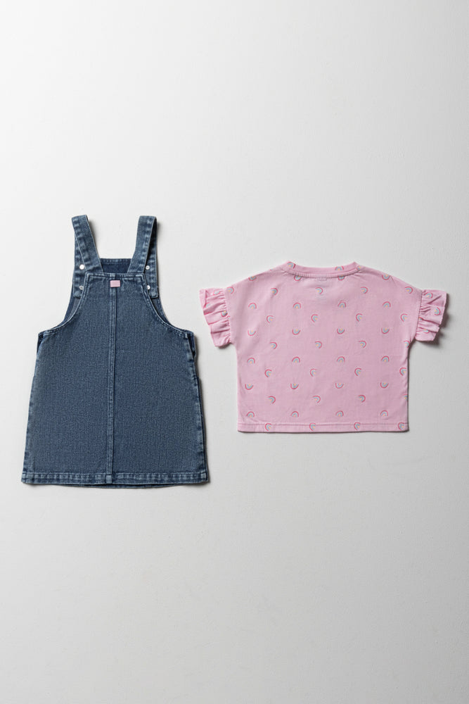 Denim Pinafore With Frill Short Sleeve T-Shirt Set Blue & Pink (4)