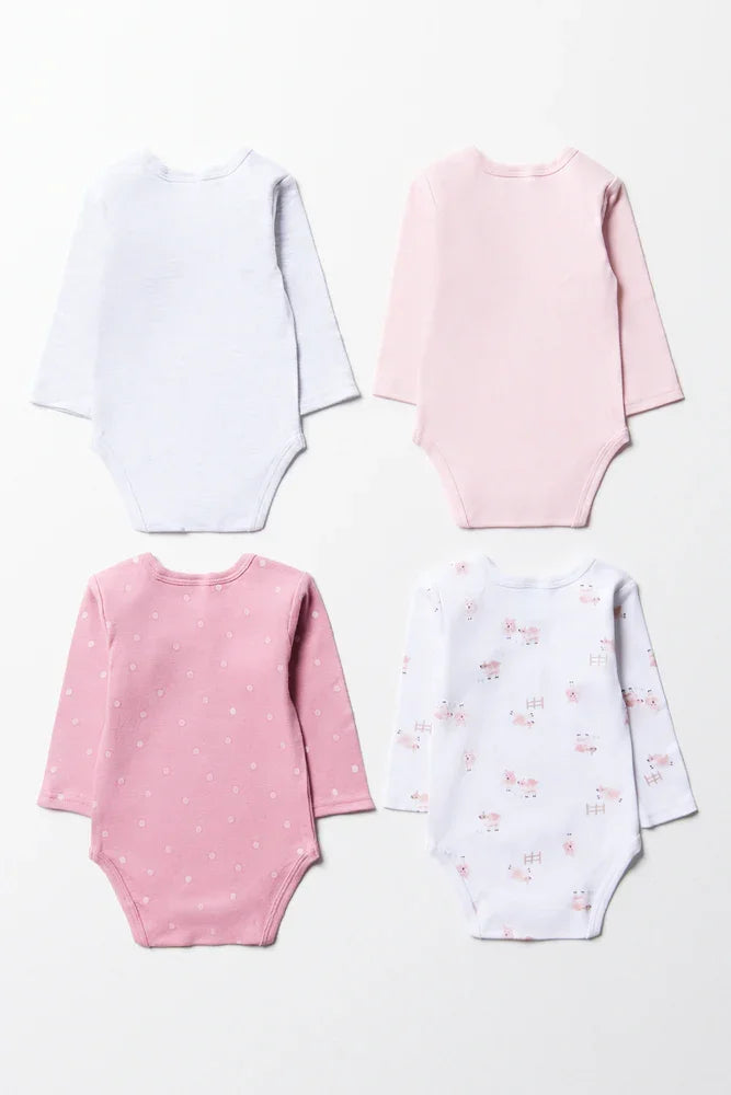 4 Pack Sheep Long Sleeve Bodyvests Pink (2)