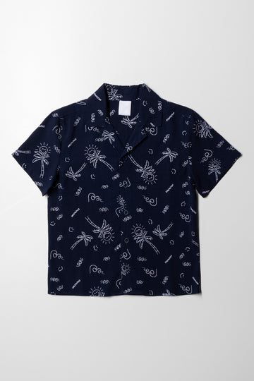 Short Sleeve Resort Collar Viscose Shirt Navy