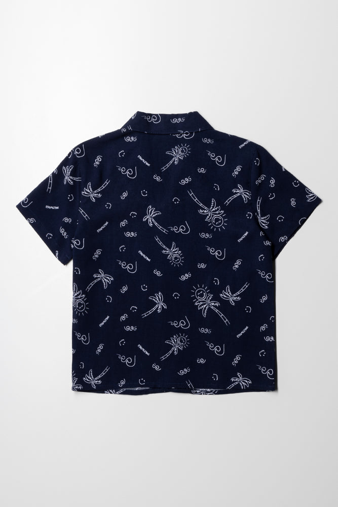 Short Sleeve Resort Collar Viscose Shirt Navy (3)