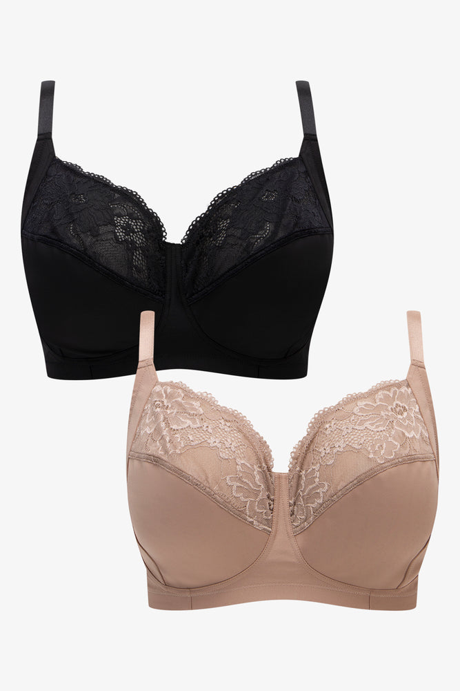 2 Pack Small Lace Trim Padded Wire free Bra Black & Natural