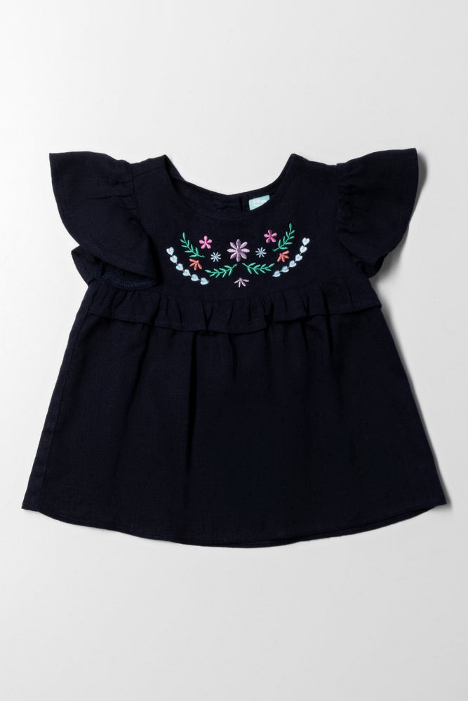 Frill Embroidery Top Navy