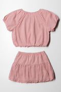 Puff Sleeve Textured Woven Skirts Sets Dusty Pink (4)