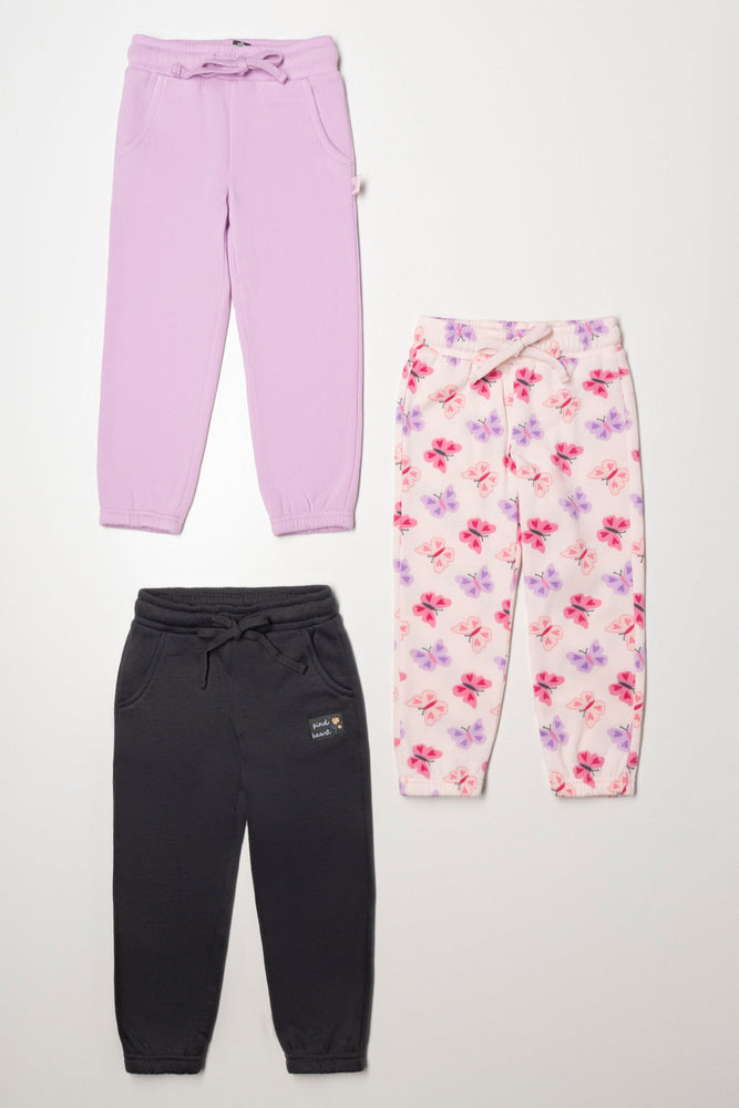 3 Pack Butterfly Trackpants Dark Grey, Pink And Purple