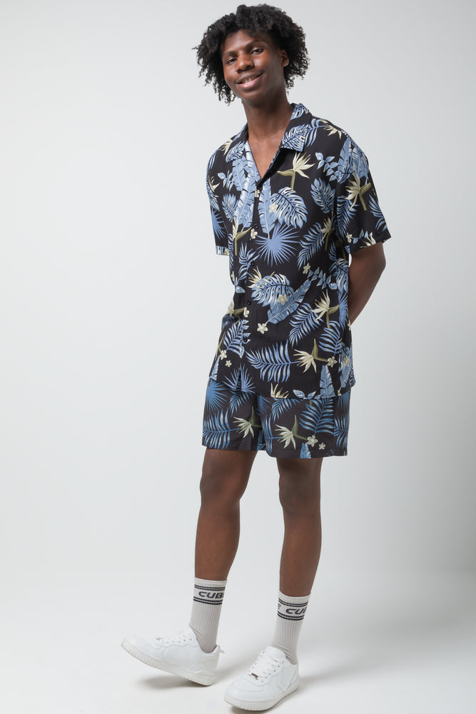 Leaf Short Sleeve Shirt Blue And Black (1)