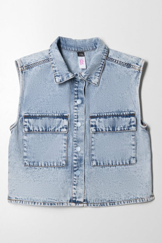 Front Patch Pocket Sleeveless Shirt Blue