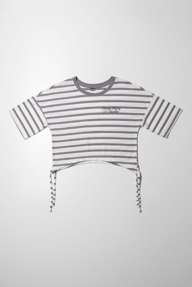 Curved Hem Stripe Short Sleeve T-Shirt Grey