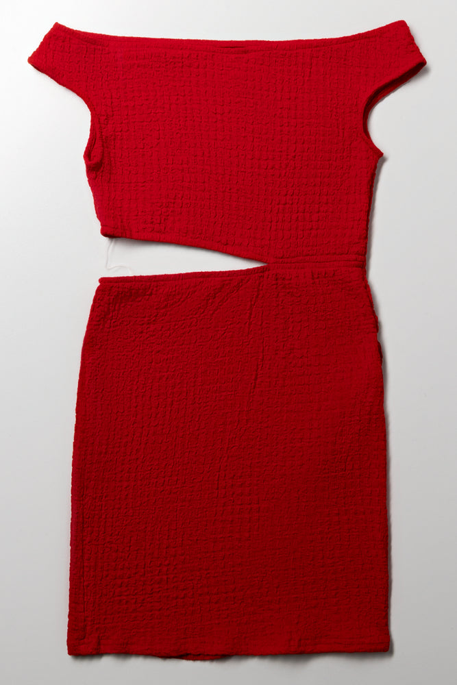 Crinkle Knit Cut Out Dress Red (2)