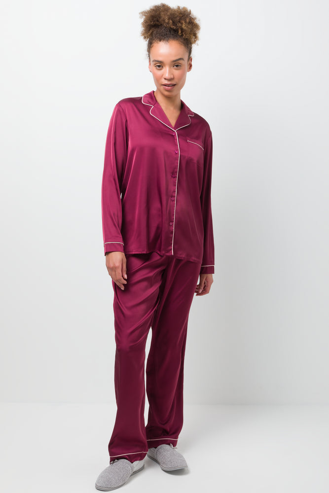 Long Sleeve Satin Button Through Pyjama Set Red