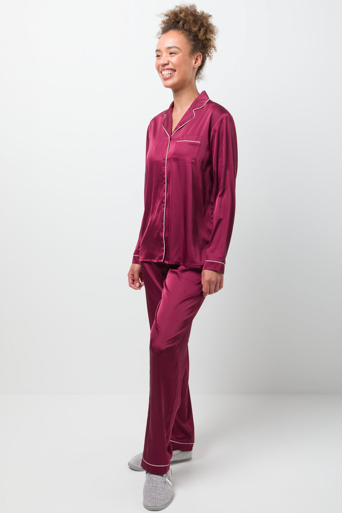Long Sleeve Satin Button Through Pyjama Set Red
