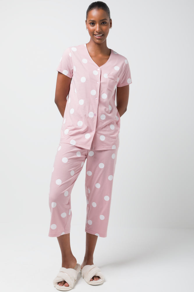 Spot Button Through Capri Set Pink