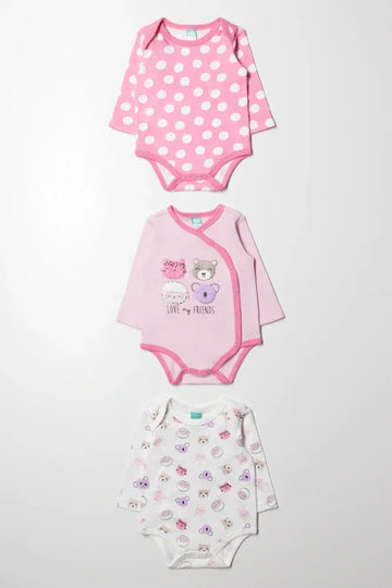 3 Pack Long Sleeve Bodyvests Pink