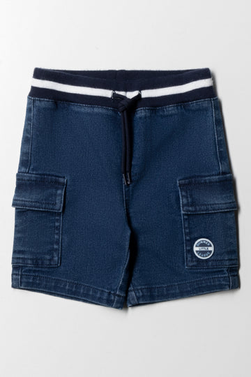 Rib Waist Cargo Denim Short Blue