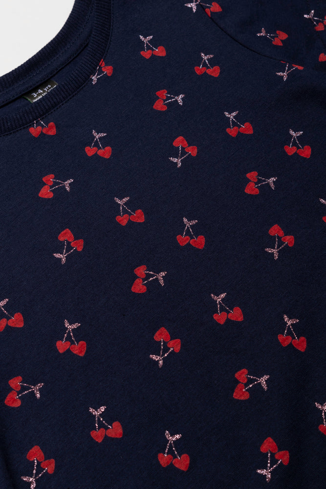 Cherry Glitter Short Sleeve T-Shirt Navy