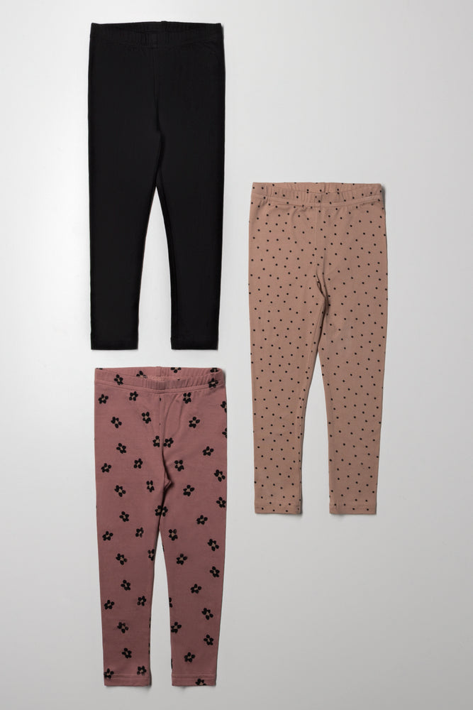 3 Pack Animal Leggings Brown, Pink And Black