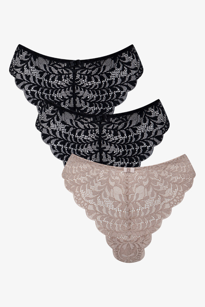3 Pack Lace Thongs Black And Natural