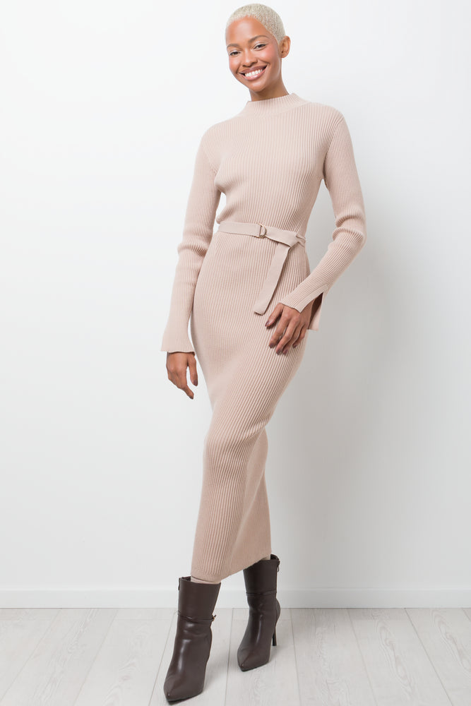 Belted Knitwear Dress Natural