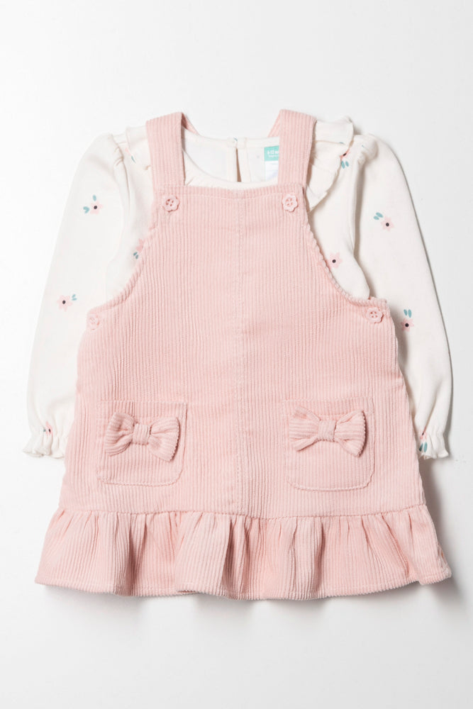 Corduroy Pinafore Dress Set Pink