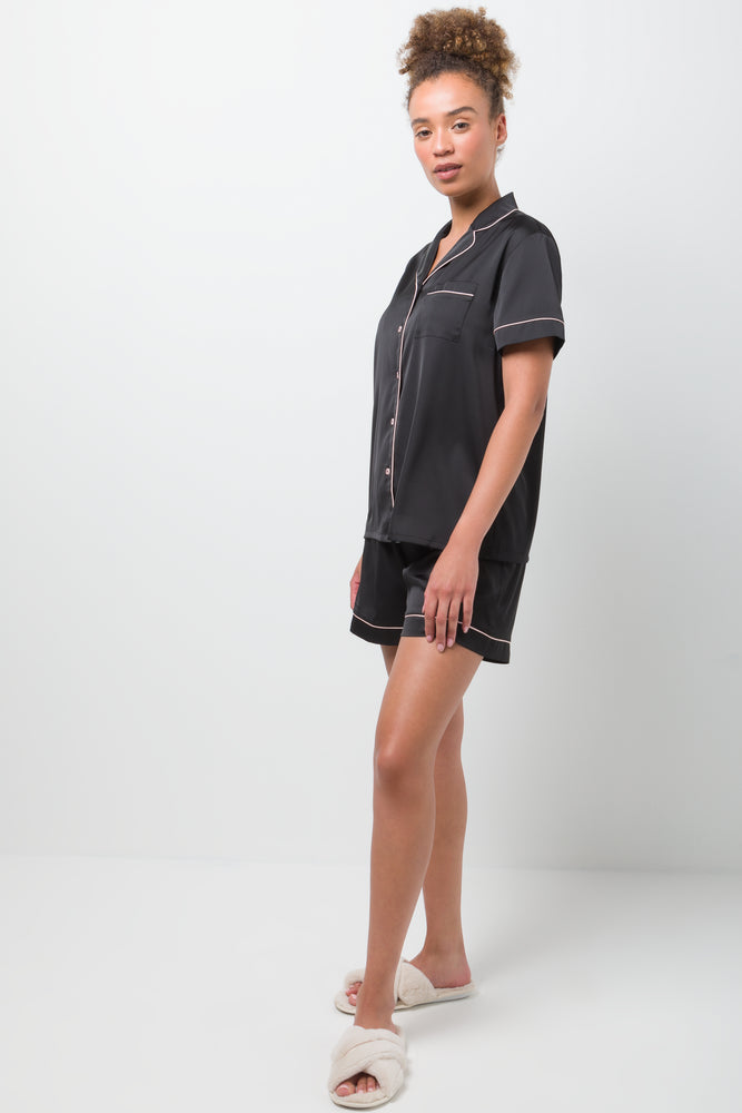 Satin Button Through Short Pyjamas Black