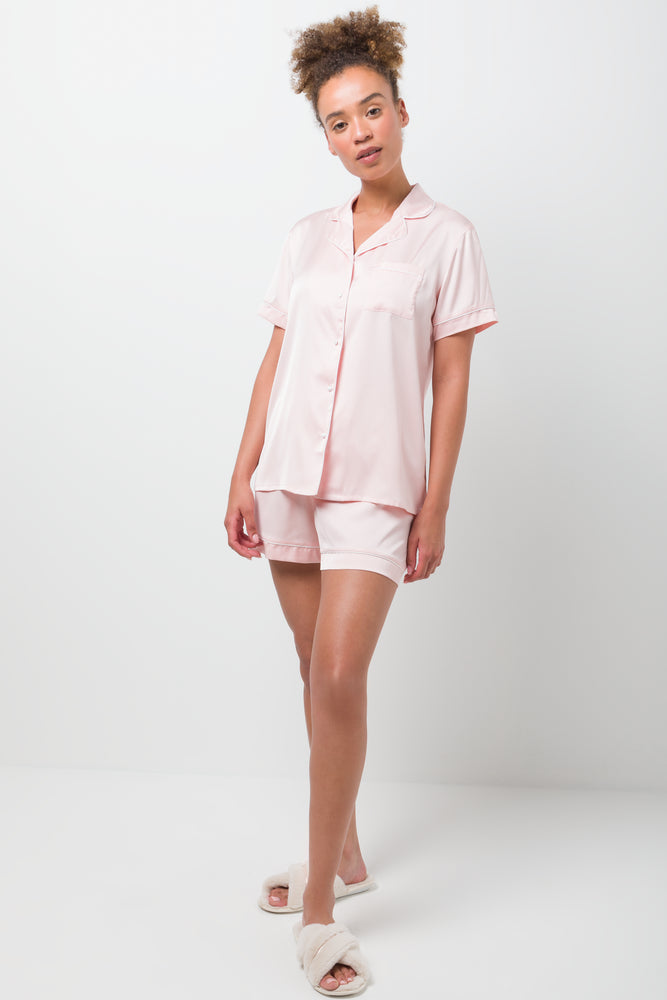 Satin Button Through Short Pyjamas Pink