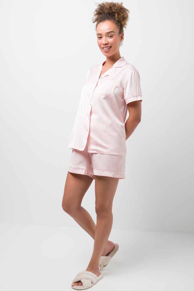 Satin Button Through Short Pyjamas Pink