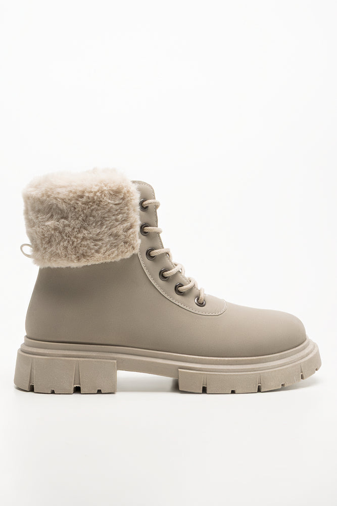 Fur Trim Lace Up Boots Natural