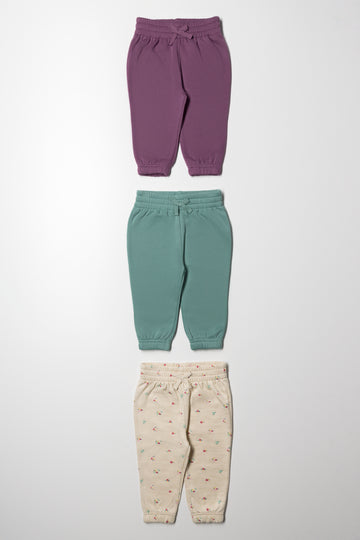 3 Pack Track Pants Purple, Green And Cream