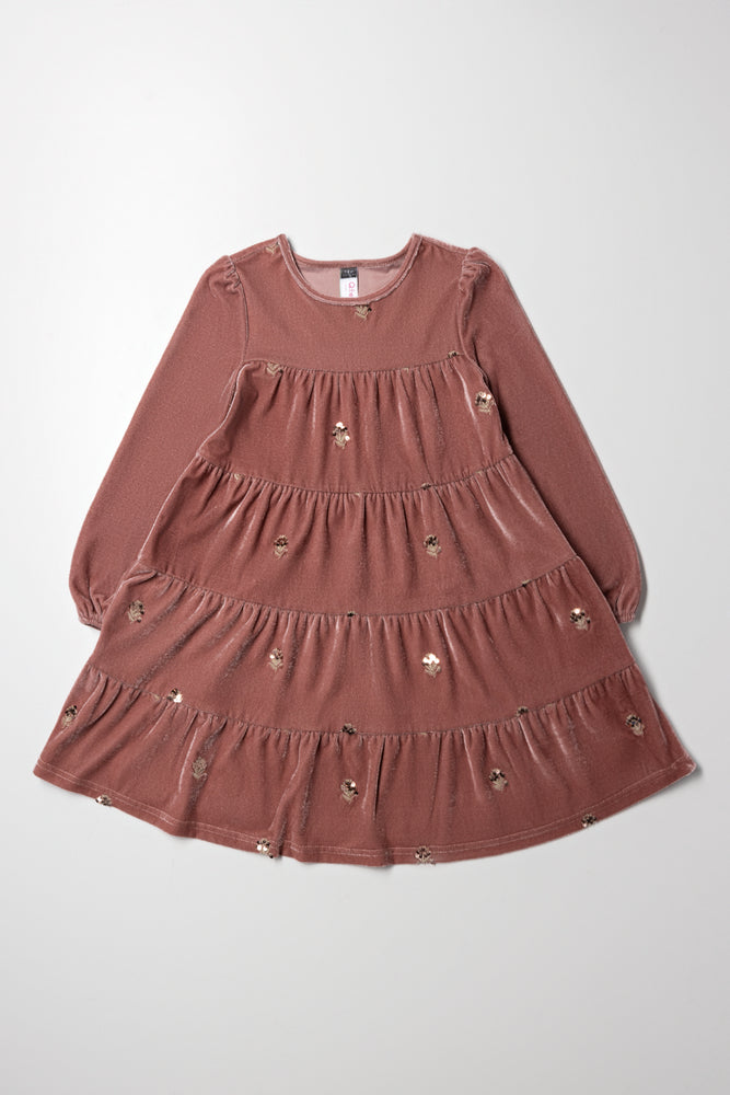 Tiered Embroidered Dress Burgundy