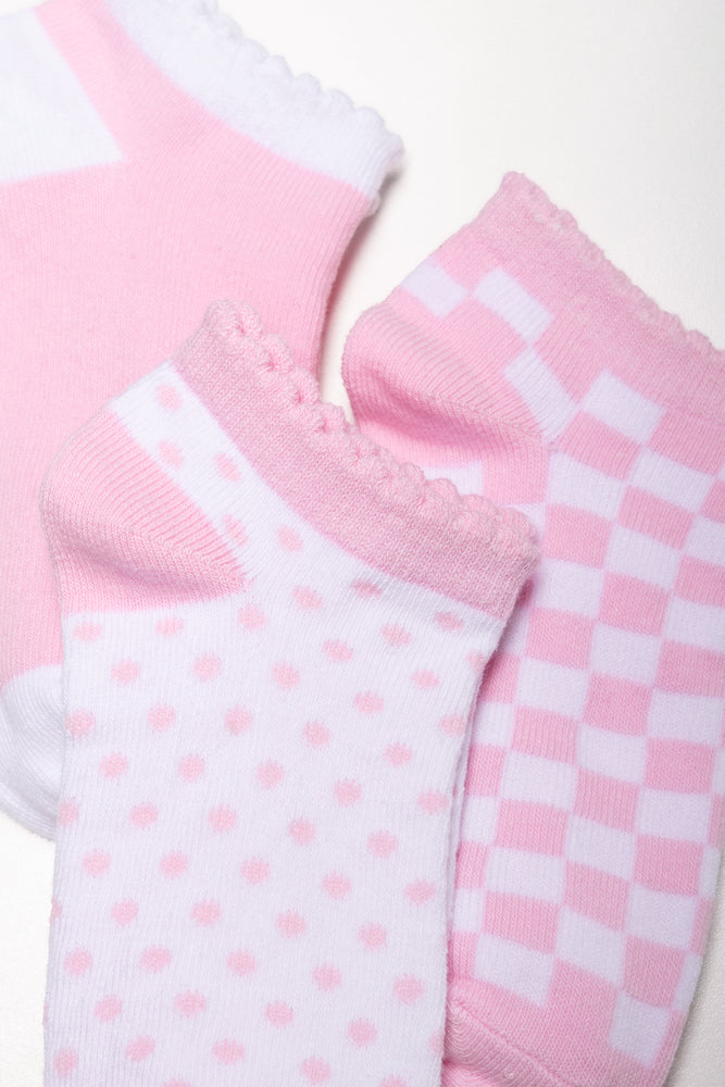 3 Pack Check And Spot Socks Pink