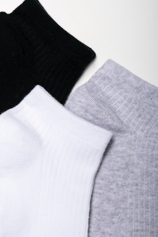 3 Pack Low Leg Socks Black, White And Grey