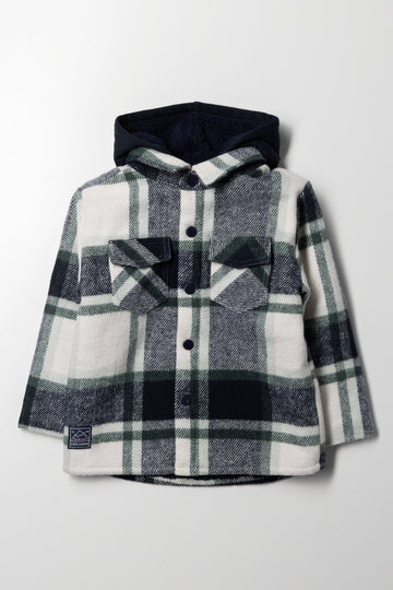 Melton Hooded Check Shacket Navy & Green