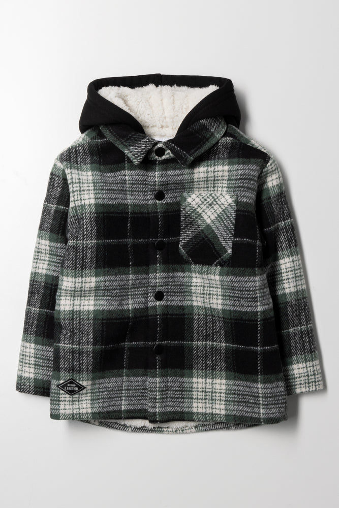 Melton Hooded Check Shacket Navy & Green