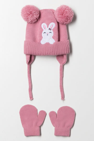 Bunny Beanie And Mittens Set Pink